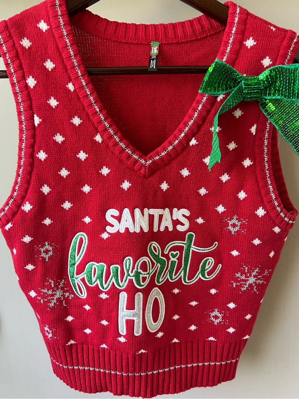 Spencers Santas Favorite Ho Ugly Christmas Sweater Vest Red Green Bow Womens L